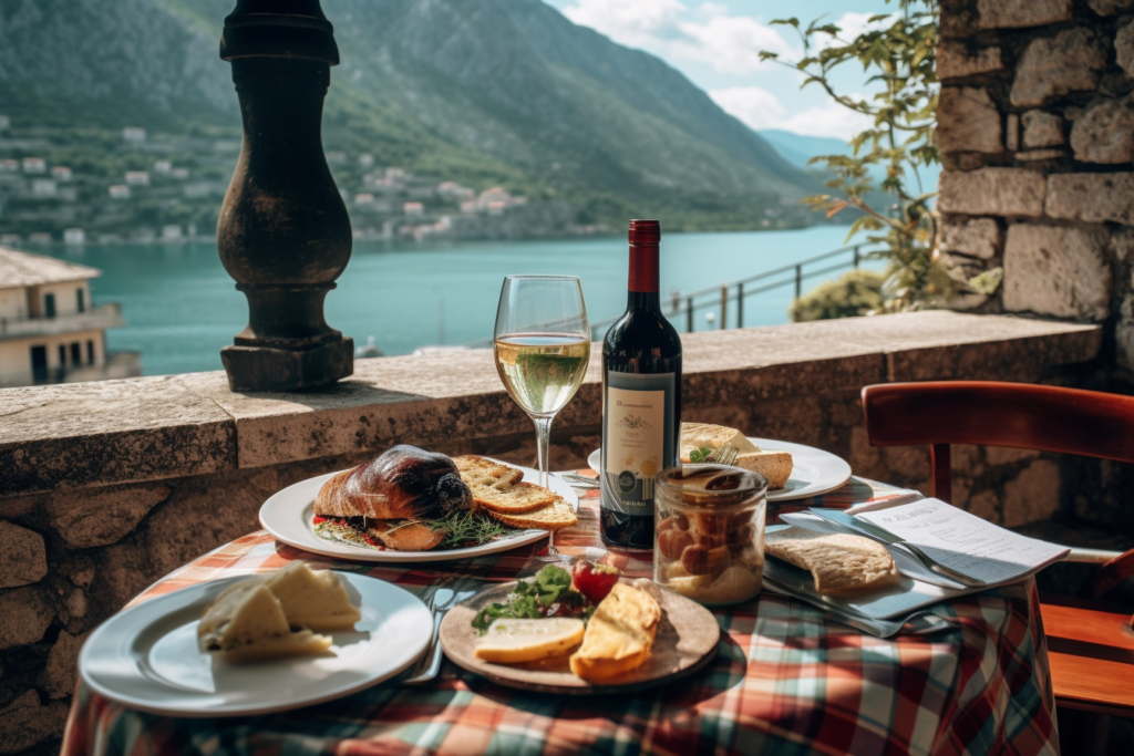 Food and wine overlooking the Bay of Kotor Montenegro