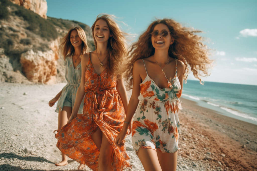 Girls on holiday at a beautiful mediterranean beach