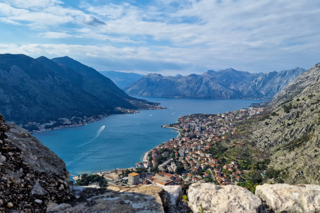 Kotor, Montenegro, the bay, and the surrounding mountains viewed from the city walls