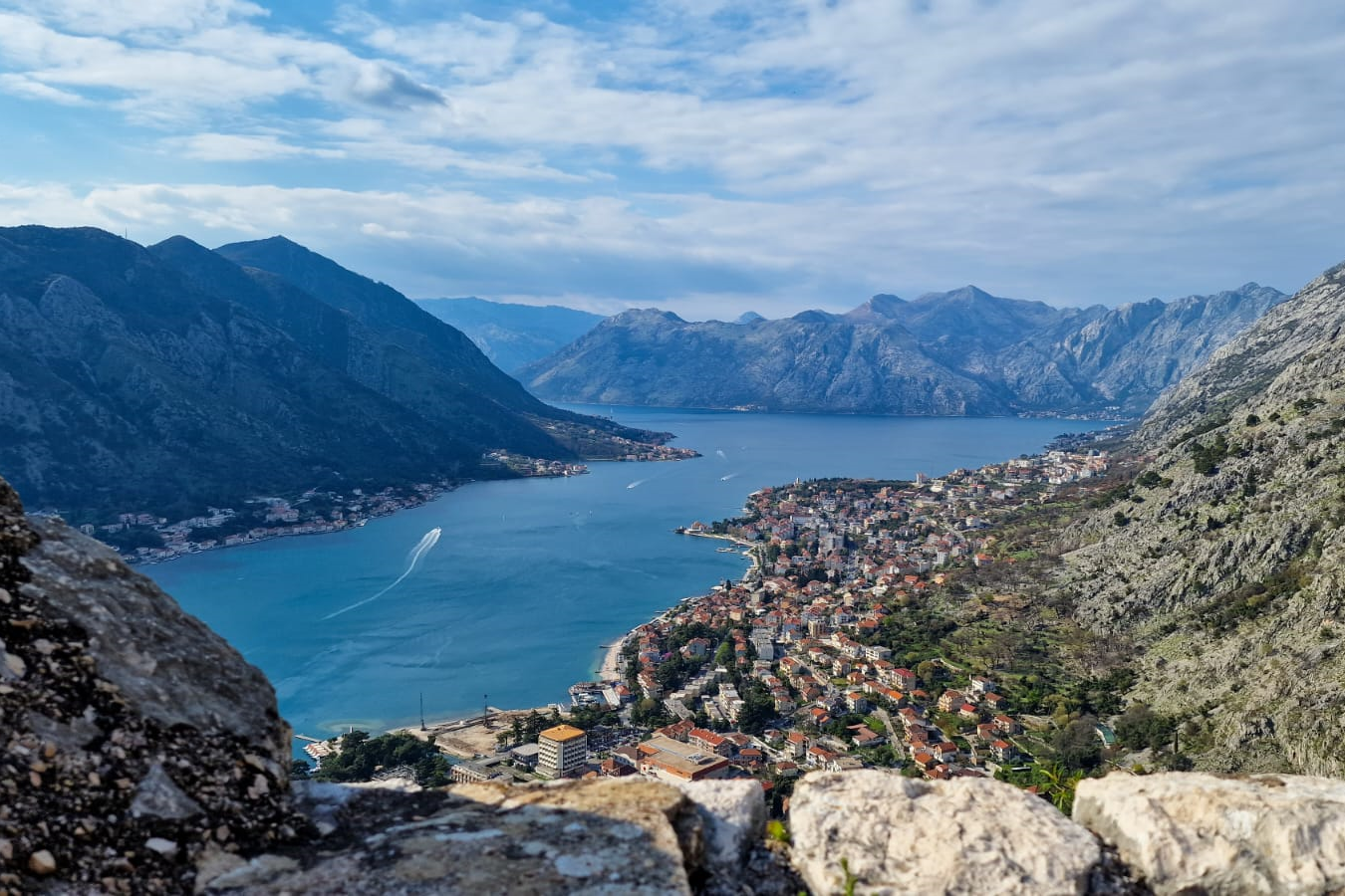 Kotor, Montenegro, the bay, and the surrounding mountains viewed from the city walls