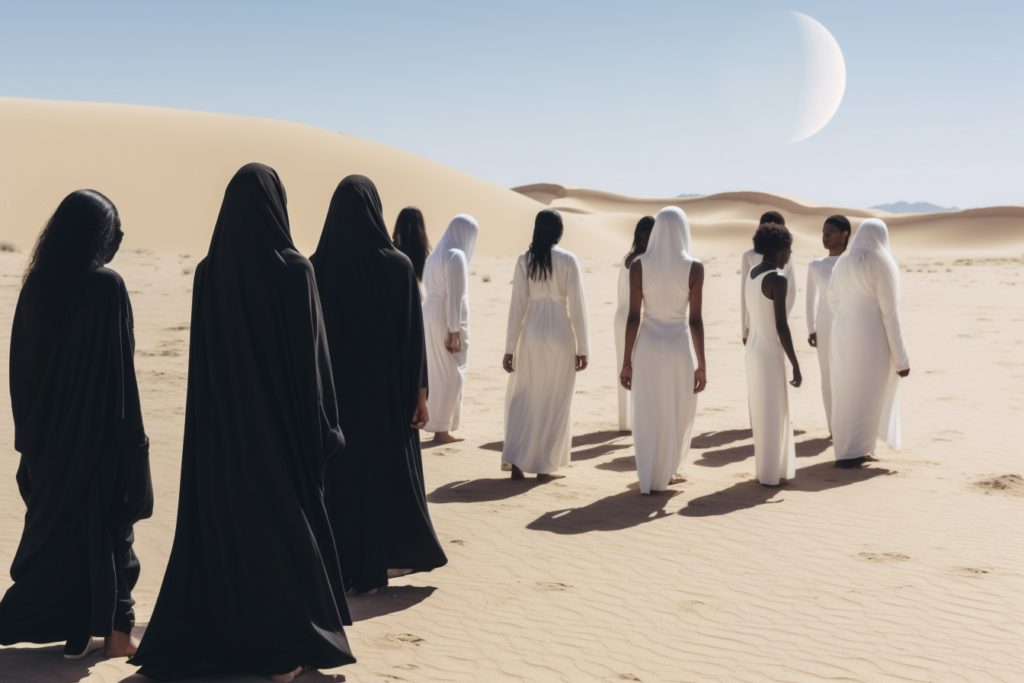 People wearing black and white clothing in the desert