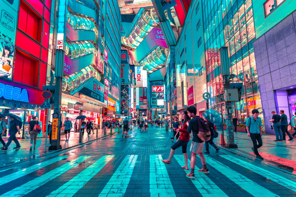Vibrant shopping mall at night in Tokyo